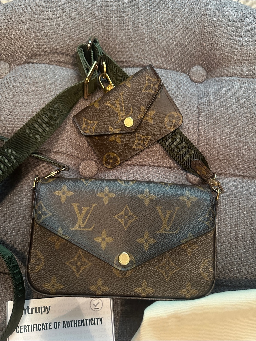 Auth. LV Felice On the Go crossbody w/ green guitar strap,detachable coin pouch - Picture 13 of 16